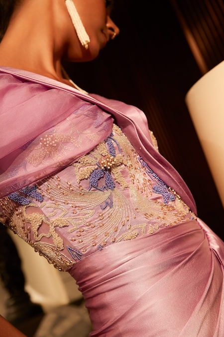 Buy_Babita Malkani_Purple Tulle, Satin, Silk Organza Beads, Crystals Embellished Draped Jumpsuit _Online_at_Aza_Fashions