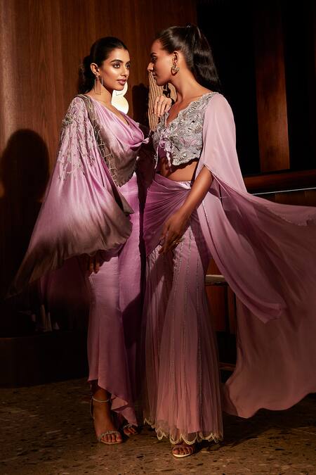 Babita Malkani_Purple Silk Zari Cowl Neck 3d Swan Embroidered Jumpsuit _Online_at_Aza_Fashions