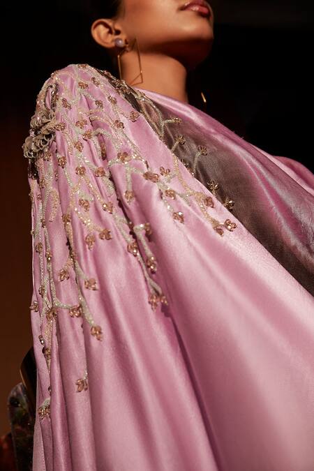 Shop_Babita Malkani_Purple Silk Zari Cowl Neck 3d Swan Embroidered Jumpsuit _Online_at_Aza_Fashions