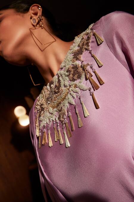 Babita Malkani_Purple Silk Sequins, Embroidery Cowl Neck Kurta And Pant Set _Online_at_Aza_Fashions