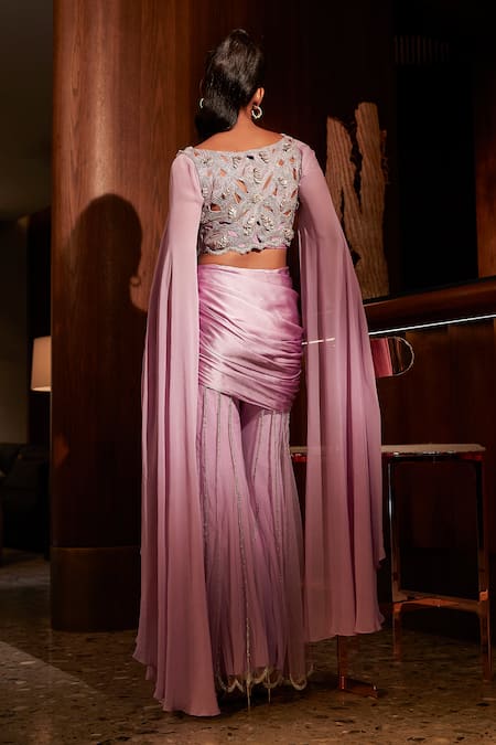 Shop_Babita Malkani_Purple Silk, Tulle, Crepe Sequins, Cut Embroidered Vest And Draped Flared Pant Set _at_Aza_Fashions