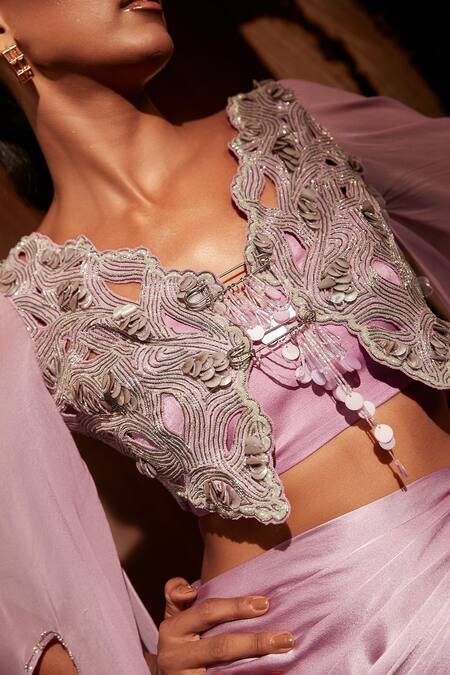 Shop_Babita Malkani_Purple Silk, Tulle, Crepe Sequins, Cut Embroidered Vest And Draped Flared Pant Set _Online_at_Aza_Fashions