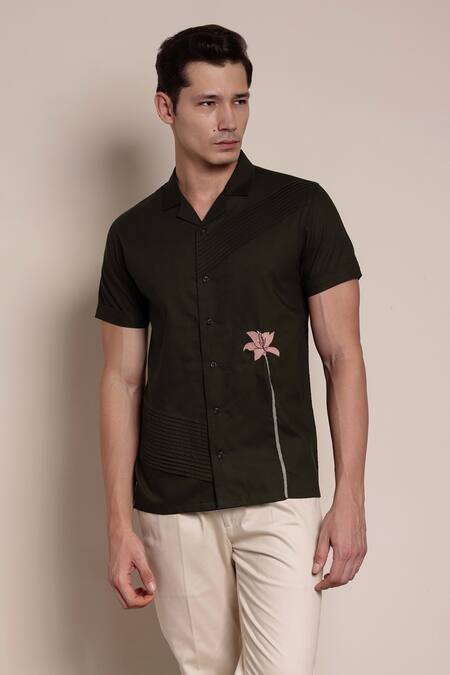 Lacquer Embassy Brown Cotton Embroidery Floral Placement Resham Shirt Online at Aza Fashions Lacquer Embassy_Brown Cotton Embroidery Floral Placement Resham Shirt _Online_at_Aza_Fashions