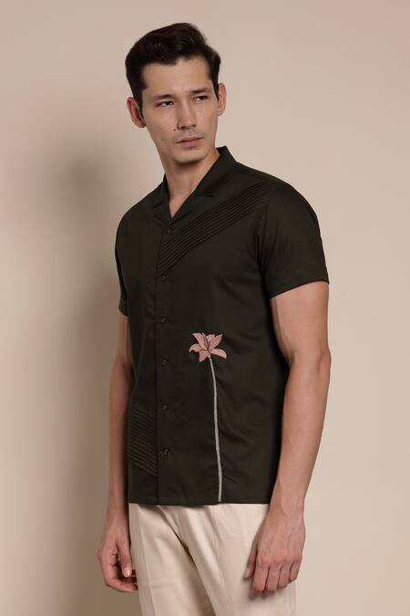 Buy_Lacquer Embassy_Brown Cotton Embroidery Floral Placement Resham Shirt _Online_at_Aza_Fashions
