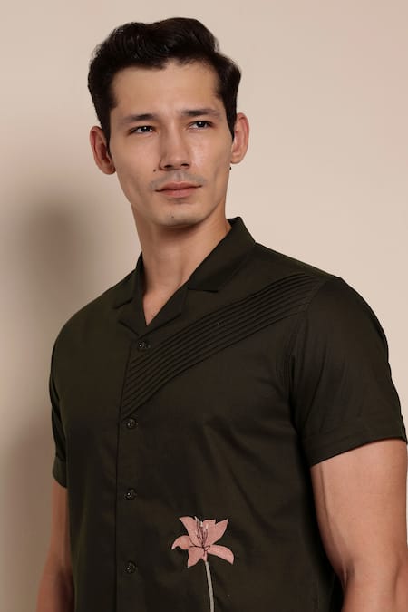 Shop_Lacquer Embassy_Brown Cotton Embroidery Floral Placement Resham Shirt _Online_at_Aza_Fashions