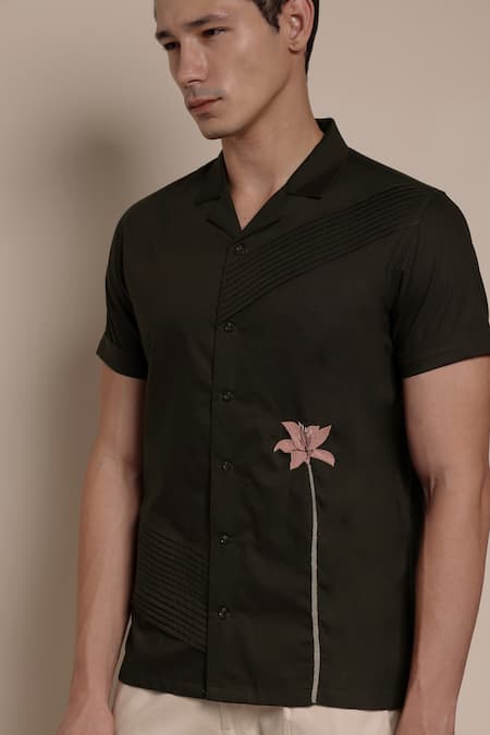 Lacquer Embassy_Brown Cotton Embroidery Floral Placement Resham Shirt _at_Aza_Fashions