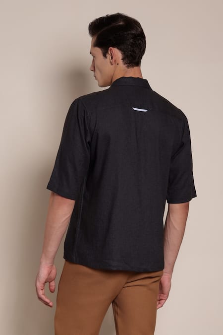 Shop_Lacquer Embassy_Gray Cotton Embroidery Charcoal Grey Shirt _at_Aza_Fashions