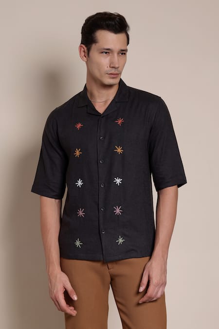Lacquer Embassy_Gray Cotton Embroidery Charcoal Grey Shirt _Online_at_Aza_Fashions