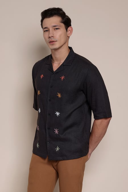 Buy_Lacquer Embassy_Gray Cotton Embroidery Charcoal Grey Shirt _Online_at_Aza_Fashions