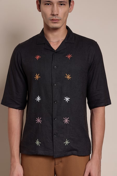 Shop_Lacquer Embassy_Gray Cotton Embroidery Charcoal Grey Shirt _Online_at_Aza_Fashions