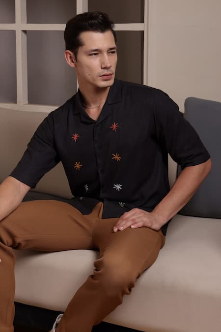 Lacquer Embassy_Gray Cotton Embroidery Charcoal Grey Shirt _at_Aza_Fashions