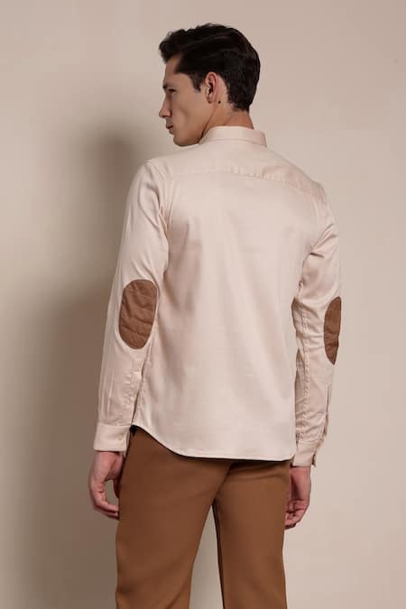 Shop_Lacquer Embassy_Beige Cotton Satin Piping, Patchwork Pipe Embellished Stripe Shirt _at_Aza_Fashions