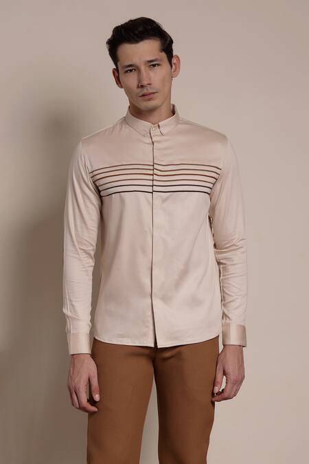 Lacquer Embassy_Beige Cotton Satin Piping, Patchwork Pipe Embellished Stripe Shirt _Online_at_Aza_Fashions