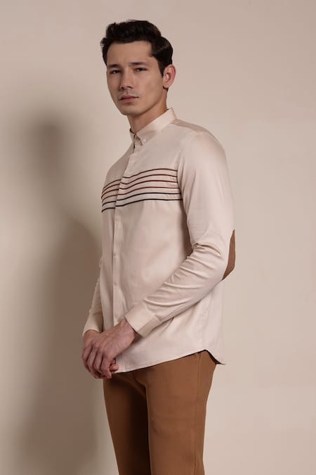 Buy_Lacquer Embassy_Beige Cotton Satin Piping, Patchwork Pipe Embellished Stripe Shirt _Online_at_Aza_Fashions
