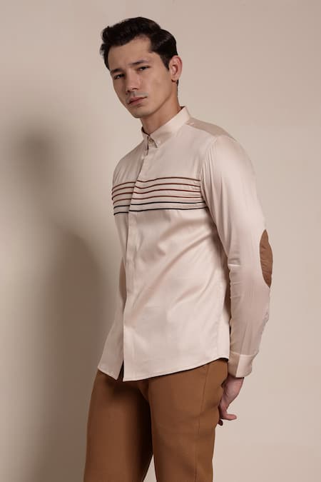Shop_Lacquer Embassy_Beige Cotton Satin Piping, Patchwork Pipe Embellished Stripe Shirt _Online_at_Aza_Fashions