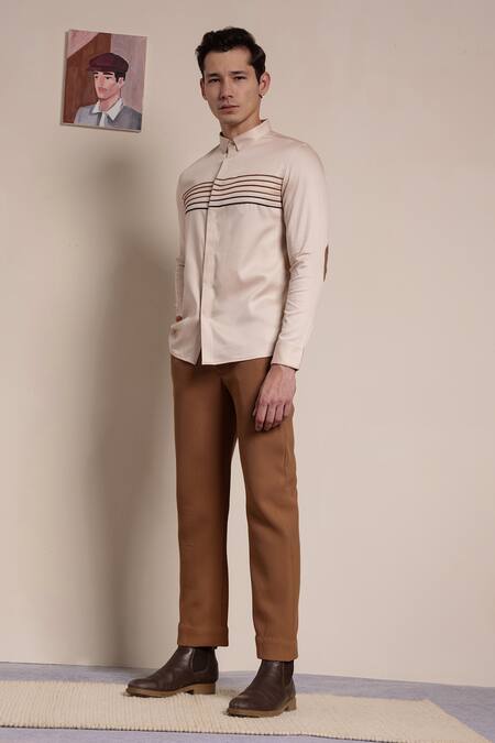 Lacquer Embassy_Beige Cotton Satin Piping, Patchwork Pipe Embellished Stripe Shirt _at_Aza_Fashions