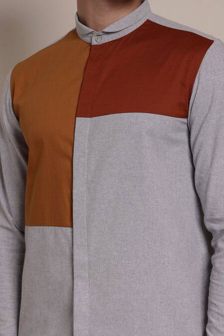 Lacquer Embassy_Gray Poplin Colorblock Concealed Placket Shirt _at_Aza_Fashions