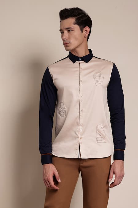 Lacquer Embassy_Beige Cotton Satin Embroidery Abstract Thread Shirt _Online_at_Aza_Fashions