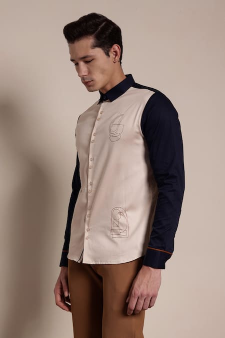 Buy_Lacquer Embassy_Beige Cotton Satin Embroidery Abstract Thread Shirt _Online_at_Aza_Fashions