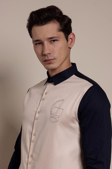 Shop_Lacquer Embassy_Beige Cotton Satin Embroidery Abstract Thread Shirt _Online_at_Aza_Fashions