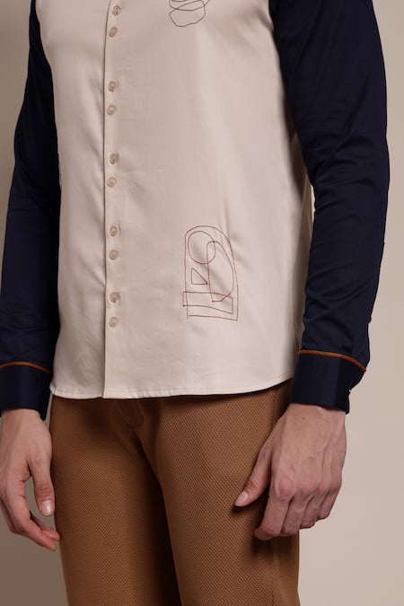 Lacquer Embassy_Beige Cotton Satin Embroidery Abstract Thread Shirt _at_Aza_Fashions