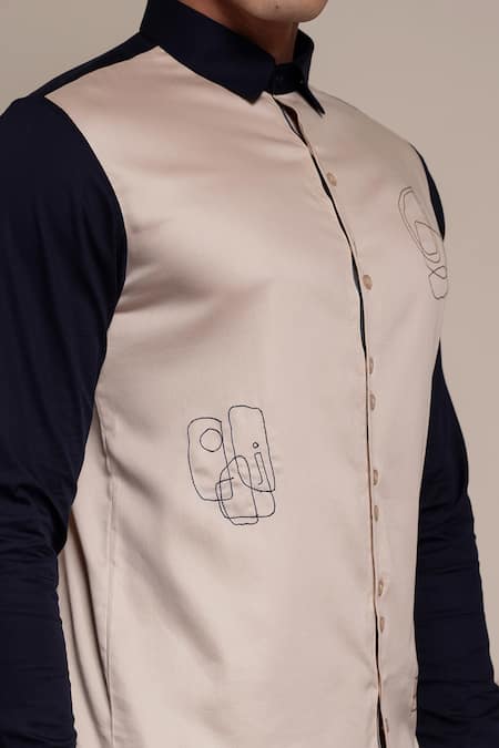 Buy_Lacquer Embassy_Beige Cotton Satin Embroidery Abstract Thread Shirt 