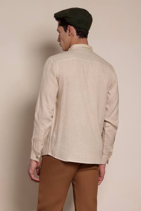 Shop_Lacquer Embassy_Beige Cotton Stripe Pattern Diego Shirt _at_Aza_Fashions