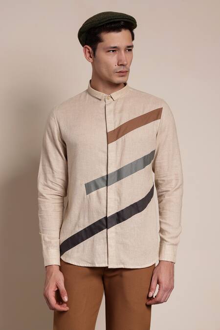 Buy_Lacquer Embassy_Beige Cotton Stripe Pattern Diego Shirt _Online_at_Aza_Fashions