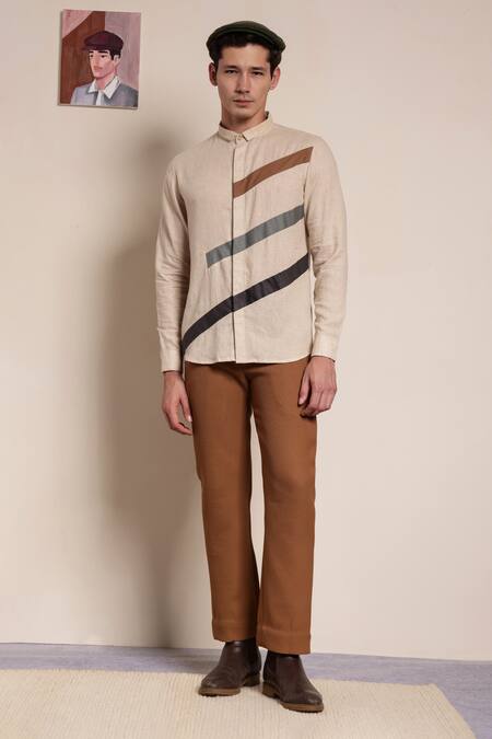 Lacquer Embassy_Beige Cotton Stripe Pattern Diego Shirt _at_Aza_Fashions