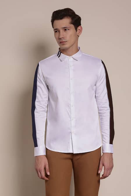 Lacquer Embassy_White Cotton Satin Colorblock Full Sleeves Shirt _Online_at_Aza_Fashions