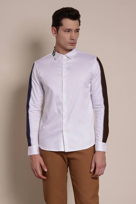 Buy_Lacquer Embassy_White Cotton Satin Colorblock Full Sleeves Shirt _Online_at_Aza_Fashions