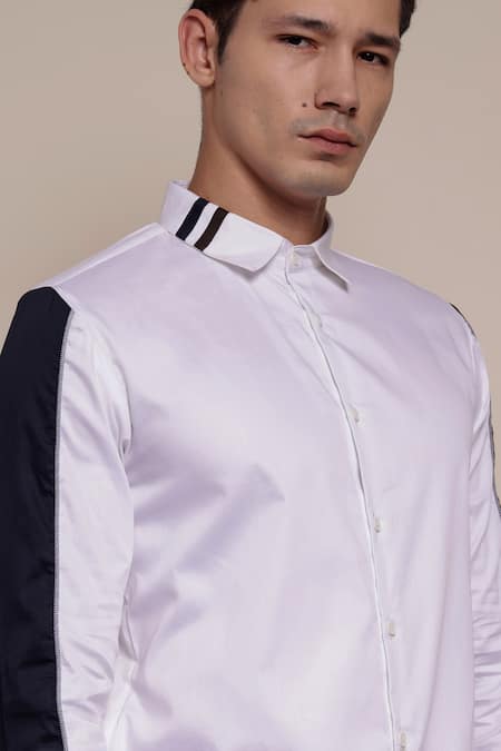 Lacquer Embassy_White Cotton Satin Colorblock Full Sleeves Shirt _at_Aza_Fashions