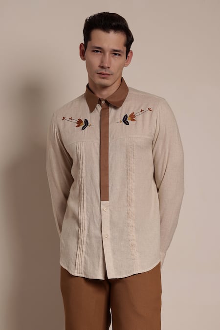 Lacquer Embassy_Beige Cotton Embroidery Floral Placement Shirt _Online_at_Aza_Fashions