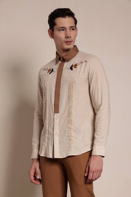 Buy_Lacquer Embassy_Beige Cotton Embroidery Floral Placement Shirt _Online_at_Aza_Fashions