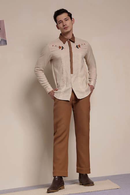 Shop_Lacquer Embassy_Beige Cotton Embroidery Floral Placement Shirt _Online_at_Aza_Fashions