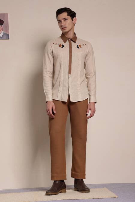 Lacquer Embassy_Beige Cotton Embroidery Floral Placement Shirt _at_Aza_Fashions