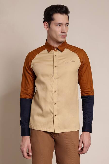 Lacquer Embassy_Multi Color Cotton Textured Embroidery Thread Merton Colorblock Shirt _Online_at_Aza_Fashions