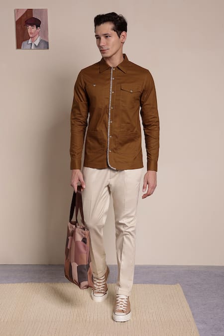 Lacquer Embassy Brown Cotton Embroidery Thread Percival Placket Shirt 