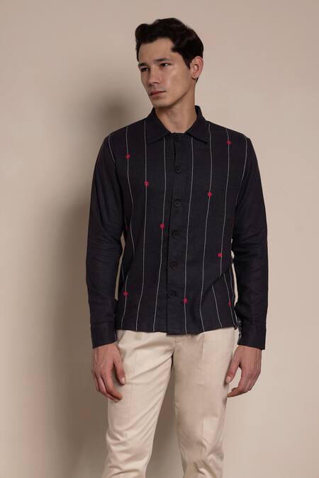 Lacquer Embassy_Black Viscose, Linen Embroidery Floral Stripe Thread Shirt _Online_at_Aza_Fashions