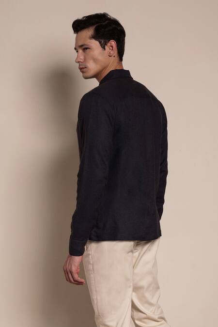 Buy_Lacquer Embassy_Black Viscose, Linen Embroidery Floral Stripe Thread Shirt _Online_at_Aza_Fashions