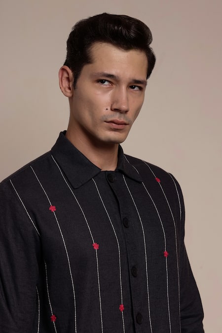 Shop_Lacquer Embassy_Black Viscose, Linen Embroidery Floral Stripe Thread Shirt _Online_at_Aza_Fashions