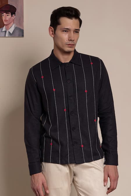 Lacquer Embassy_Black Viscose, Linen Embroidery Floral Stripe Thread Shirt _at_Aza_Fashions