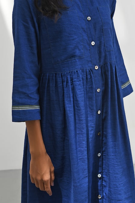 Shop_Payal Pratap_Blue Handloom Linen Plain Round Collar Verona Buttoned Down Dress _Online_at_Aza_Fashions
