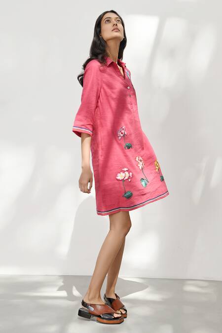 Payal Pratap_Red Handloom Linen Embroidery Floral Collared Neck Porto Dress _Online_at_Aza_Fashions