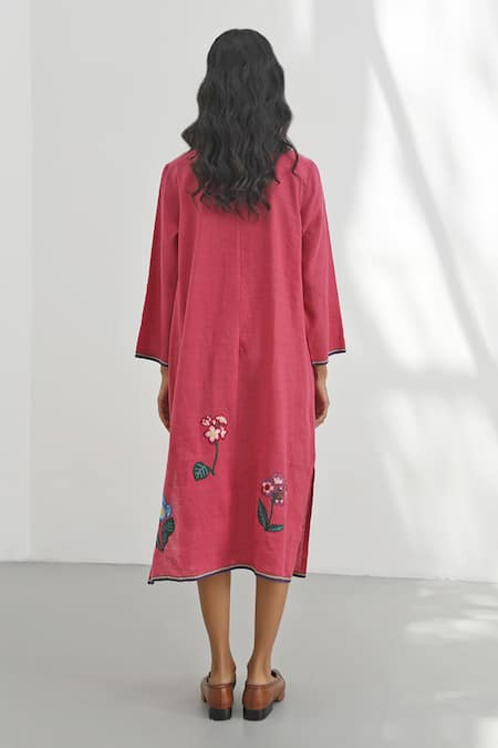 Shop_Payal Pratap_Red Handloom Linen Embroidery Floral Round Neck Marsala Dress _at_Aza_Fashions