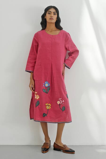 Payal Pratap_Red Handloom Linen Embroidery Floral Round Neck Marsala Dress _Online_at_Aza_Fashions