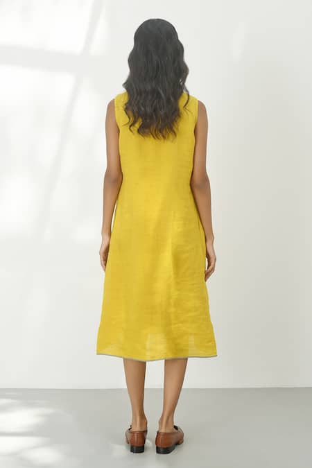 Shop_Payal Pratap_Yellow Handloom Linen Plain Notched Collar Perugia Pintuck Dress _at_Aza_Fashions