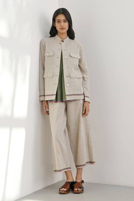 Payal Pratap_Beige Handloom Cotton Collared Cori Shacket _Online_at_Aza_Fashions
