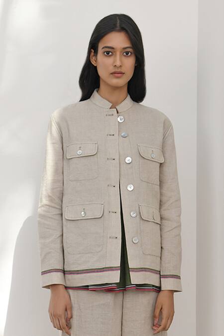 Buy_Payal Pratap_Beige Handloom Cotton Collared Cori Shacket _Online_at_Aza_Fashions