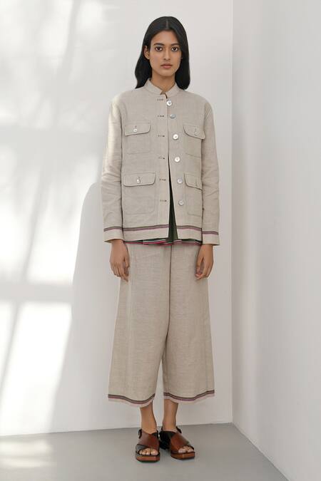 Shop_Payal Pratap_Beige Handloom Cotton Collared Cori Shacket _Online_at_Aza_Fashions